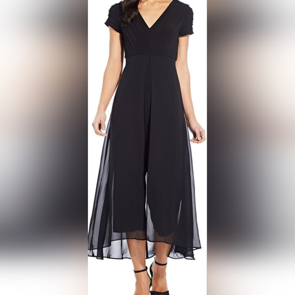 ADRIANNA PAPELL Pintucked-Top Chiffon-Overlay Jumpsuit Size: 8M